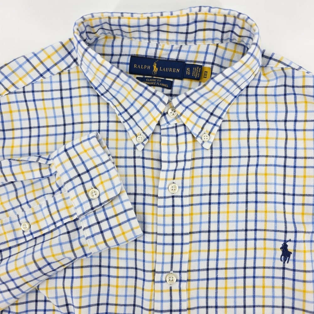 Ralph Lauren Performance Flannel Shirt Mens XL Classic Fit Plaid Ivy White Blue